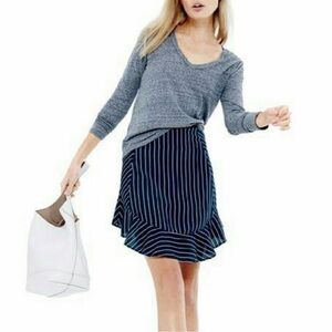 J Crew Women's Skirt 6 Blue White Pinstripe Swing Flounce Style Lined Ruffle Hem